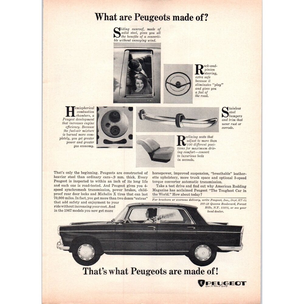 1967 Peugeot 404 Sedan Vintage Print Ad Couple Sunroof 60s Scarf Fashion Art